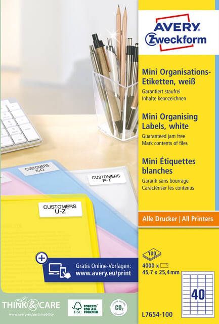 AVERY Witte laseretiketten QuickPeel ft 45 7 x 25 4 mm (b x h) 4.000 stuks doos van 100 blad