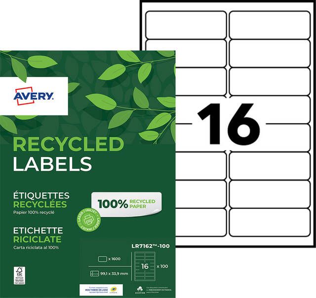 Avery gerecycleerde witte laseretiketten QuickPeel ft 99 1 x 33 9 mm (b x h) 1.600 stuks 16 per blad