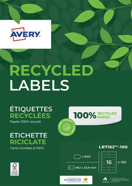 Avery Etiket LR7162-100 99.1x33.9mm recycled wit 1600stuks
