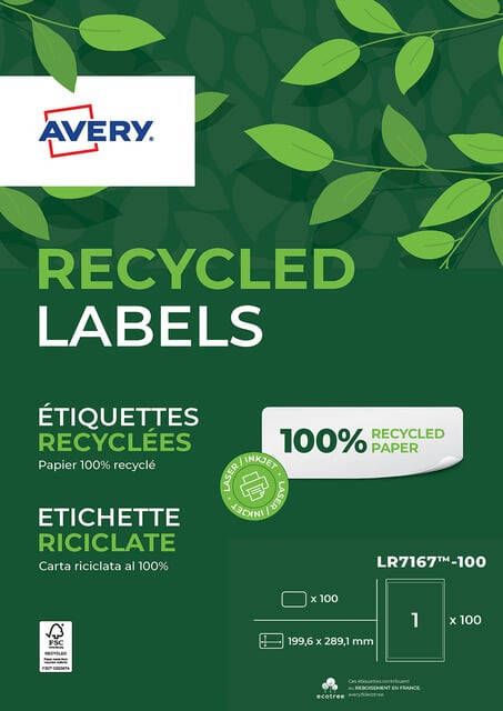 Avery Etiket LR7167-100 199.6x289.1mm recycled wit 100 etiketten