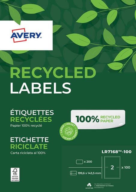 Avery Etiket LR7168-100 199.6x143.5mm recycled wit 200 etiketten