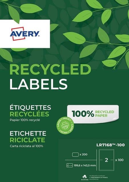 Avery Etiket LR7168-100 199.6x143.5mm recycled wit 200stuks