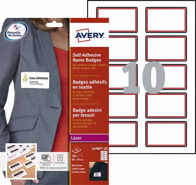 Avery Naambadge etiket L4786-20 80x50mm rood kader 200 etiketten