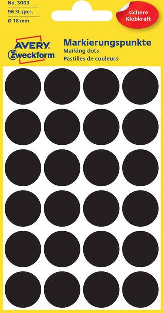 Avery Zweckform Etiket 3003 rond 18mm zwart 96stuks
