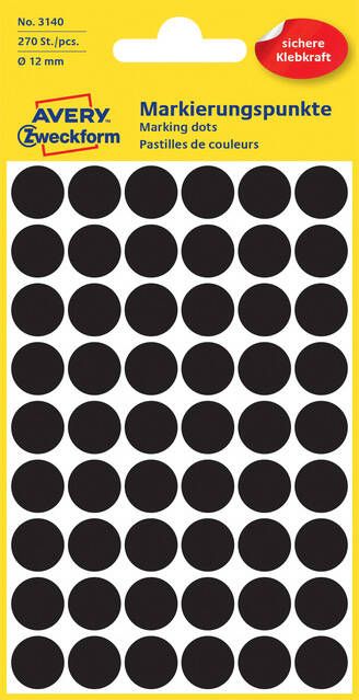 Avery Zweckform Etiket 3140 rond 12mm zwart 270stuks