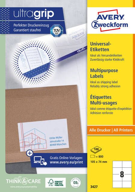 AVERY Universele etiketten 105 x 74 mm wit Inkjetprinter Laserprinter Kopieerapparaat permanent klevend 3427