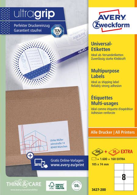 AVERY Universele etiketten 105 x 74 mm wit Inkjetprinter Laserprinter Kopieerapparaat permanent klevend 3427-200