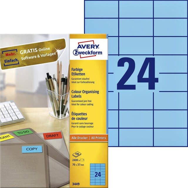 AVERY Gekleurde etiketten 70 x 37 mm blauw Inkjetprinter Laserprinter Kopieerapparaat permanent klevend 3449