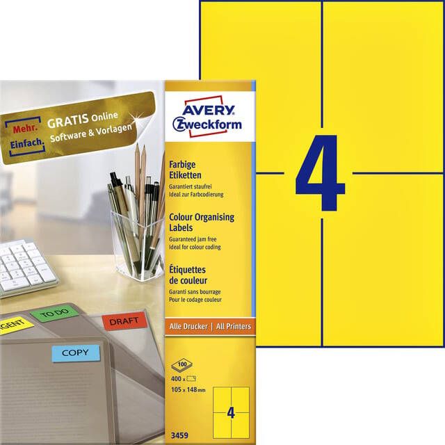 AVERY Gekleurde etiketten 105 x 148 mm geel Inkjetprinter Laserprinter Kopieerapparaat permanent klevend 3459