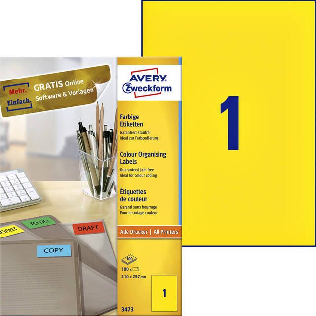 Avery Zweckform Etiket 3473 210x297mm A4 geel 100stuks