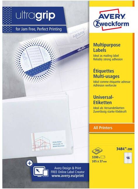 AVERY Universele etiketten 105 x 37 mm wit Inkjetprinter Laserprinter Kopieerapparaat permanent klevend 3484-200