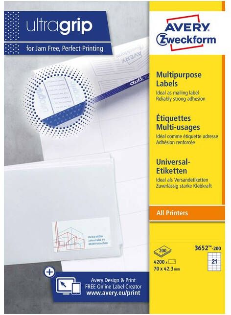 AVERY Universele etiketten 70 x 42 3 mm wit Inkjetprinter Laserprinter Kopieerapparaat permanent klevend 3652-200
