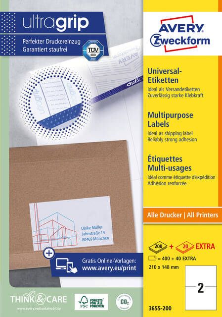 AVERY Universele etiketten 210 x 148 mm wit Inkjetprinter Laserprinter Kopieerapparaat permanent klevend 3655-200