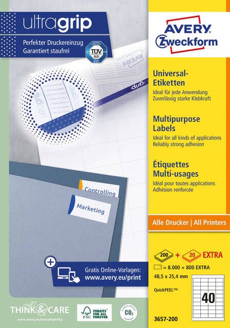 AVERY Universele etiketten 48 5 x 25 4 mm wit Inkjetprinter Laserprinter Kopieerapparaat permanent klevend 3657-200