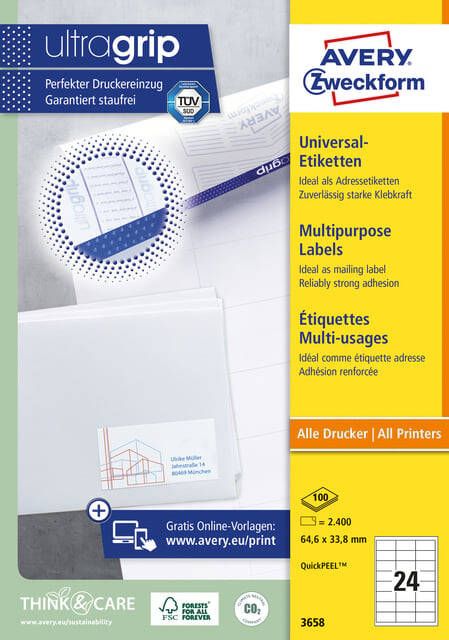 AVERY Universele etiketten 64 6 x 33 8 mm wit Inkjetprinter Laserprinter Kopieerapparaat permanent klevend 3658
