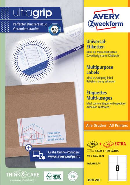 AVERY Universele etiketten 97 x 67 7 mm wit Inkjetprinter Laserprinter Kopieerapparaat permanent klevend 3660-200