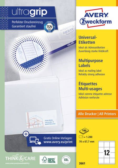 AVERY Universele etiketten 70 x 67 7 mm wit Inkjetprinter Laserprinter Kopieerapparaat permanent klevend 3661