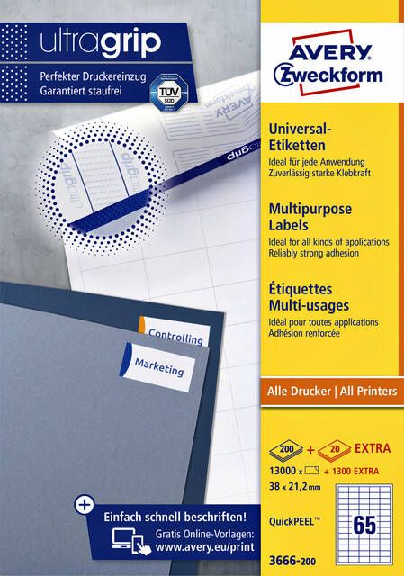 AVERY Universele etiketten 38 x 21 2 mm wit Inkjetprinter Laserprinter Kopieerapparaat permanent klevend 3666-200