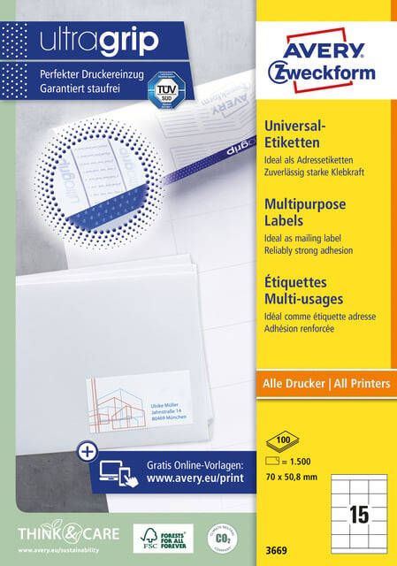 AVERY Universele etiketten 70 x 50 8 mm wit Inkjetprinter Laserprinter Kopieerapparaat permanent klevend 3669