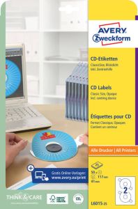 AVERY CD etiketten Ã 117 mm wit Inkjetprinter Laserprinter Kopieerapparaat permanent klevend L6015-25