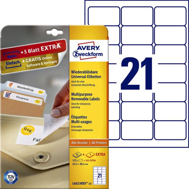 AVERY Afneembare etiketten 63 5 x 38 1 mm wit Inkjetprinter Laserprinter Kopieerapparaat afneembaar L6023REV-25