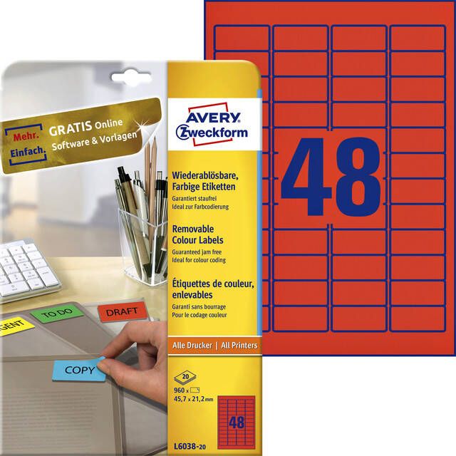 Avery Zweckform Etiket L6038-20 45.7x21.2mm rood 960stuks