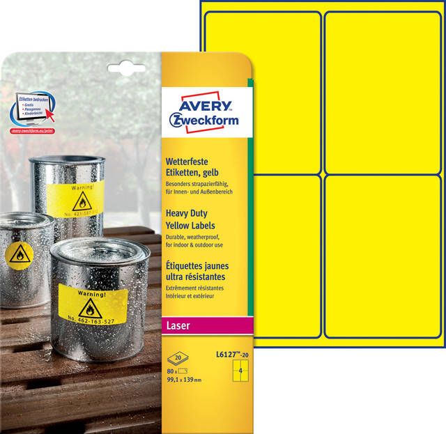Avery Zweckform Etiket L6127-20 99.1x139mm geel 80stuks