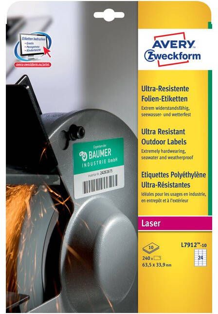 AVERY Ultra-resistente etiketten 63 5 x 33 9 mm wit Laserprinter Kopieerapparaat permanent klevend L7912-10