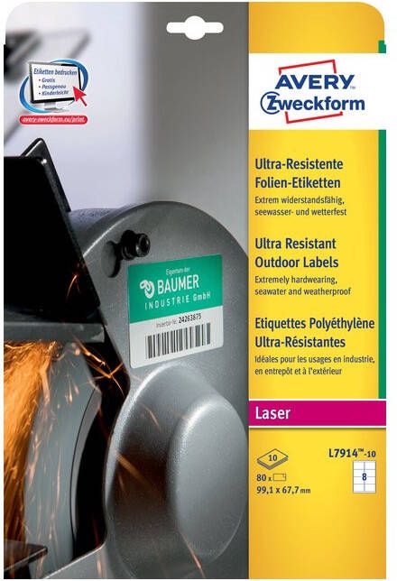 AVERY Ultra-resistente etiketten 99 1 x 67 7 mm wit Laserprinter Kopieerapparaat permanent klevend L7914-10