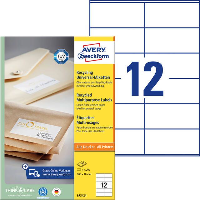 Avery Zweckform Avery Witte gerecycleerde universele etiketten ft 105 x 48 mm (b x h) 1.200 stuks 12 per blad