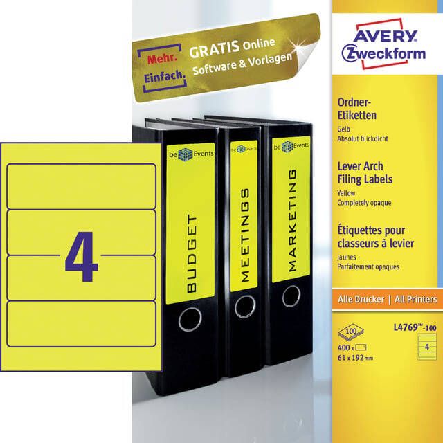 AVERY Ordnerrugetiketten 192 x 61 mm geel Inkjetprinter Laserprinter Kopieerapparaat permanent klevend L4769-100