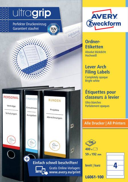 AVERY Ordnerrugetiketten 192 x 59 mm wit Inkjetprinter Laserprinter Kopieerapparaat permanent klevend L6061-100