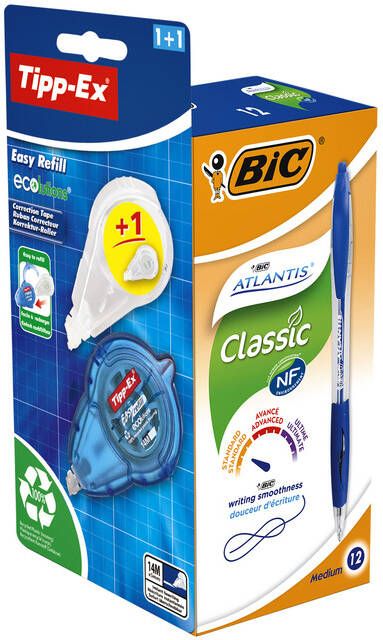 Bic Balpen Atlantis gratis Tipp-Ex easy medium blauw doos Ã  12 stuks