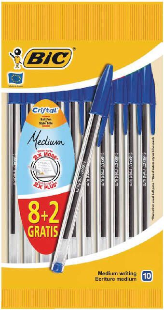 Bic stylo bille Cristal Medium blauw blister 8 + 2 GRATUIT