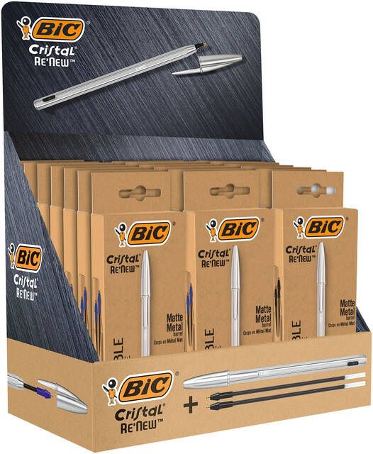 Bic balpen Cristal Re new zilveren lichaam doos met 1 stuk en 2 navullingen display met 21 stuks