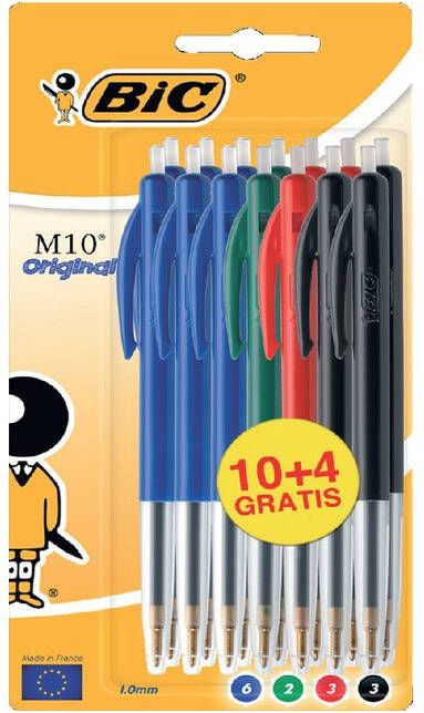 Bic balpen M10 Clic 0 4 mm medium punt geassorteerde kleuren blister 10 stuks + 4 gratis