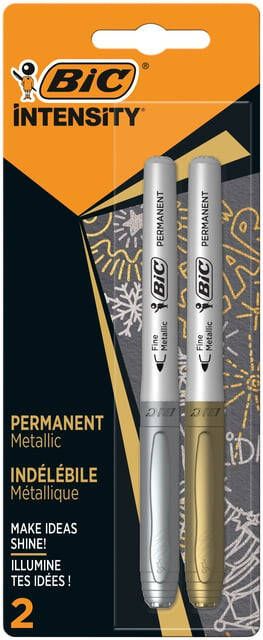 Bic Viltstift Intensity rond permanent fine metallic zilver en goud blister Ã  2 stuks