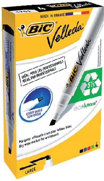 Bic Whiteboardmarker Velleda 1751 schuin large assorti setà 4 stuks