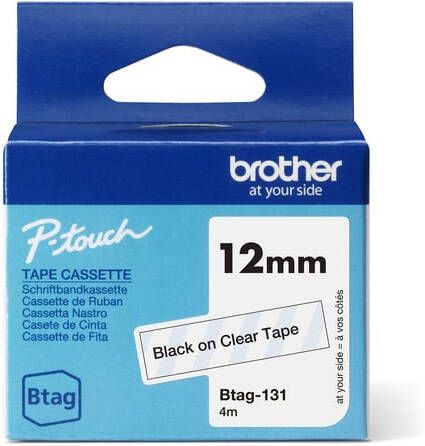 Brother Labeltape P-touch Btag-131 standaard 12mm zwart op transparant