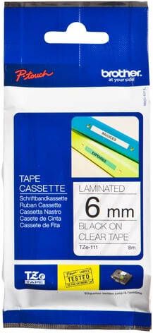 Brother Labeltape P-touch TZe-111 standaard 6mm zwart op transparant