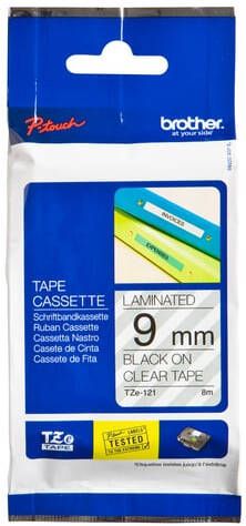 Brother Labeltape P-touch TZe-121 standaard 9mm zwart op transparant