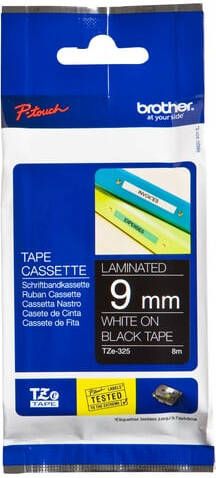 Brother Labeltape P-touch TZe-325 standaard 9mm wit op zwart