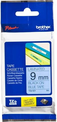 Brother Labeltape P-touch TZe-521 standaard 9mm zwart op blauw