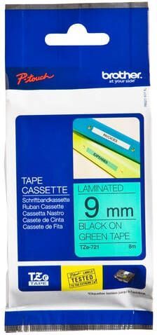 Brother Labeltape P-touch TZe-721 standaard 9mm zwart op groen