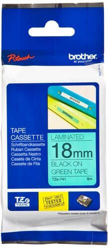 Brother Labeltape P-touch TZe-741 standaard 18mm zwart op groen