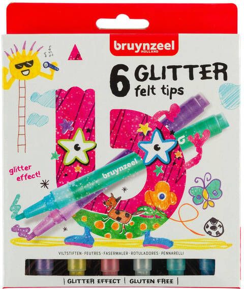 Bruynzeel Kids viltstiften Glitter set van 6 stuks in geassorteerde kleuren