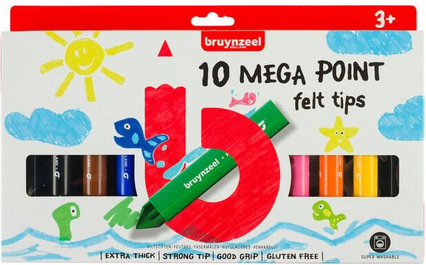 Bruynzeel Kids viltstiften Mega Point blister van 10 geassorteerde kleuren