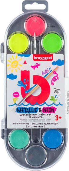 Bruynzeel Waterverf inclusief penseel setÃƒÆ Ã‚Â¡ 12 metallic- en neonkleuren