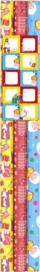 IG design Inpakpapier sint 200x70cm setà 3 rollen + stickervel met 10 etiketten assorti