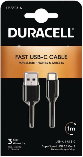 Duracell USB5031A USB-kabel 3.2 Gen 1 (3.1 Gen 1) 1 m USB A USB C Zwart